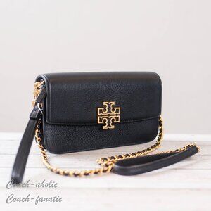 NWT Tory Burch Britten Chain Wallet with Wristlet Leather Crossbody in Black